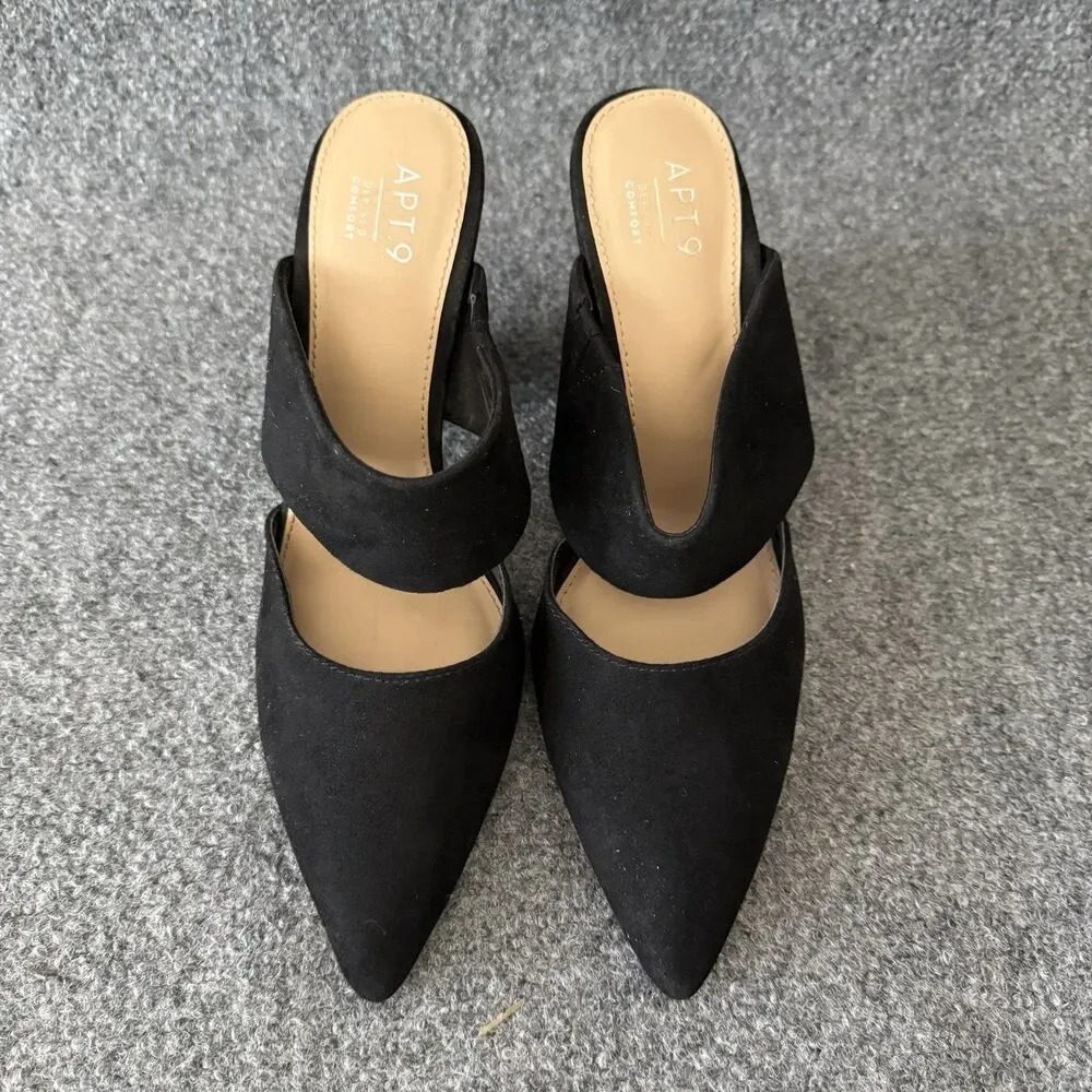 Apt. 9 Black Suede Pointed Toe Block Heel Mules Women's Slip On Dress Shoes 7.5M